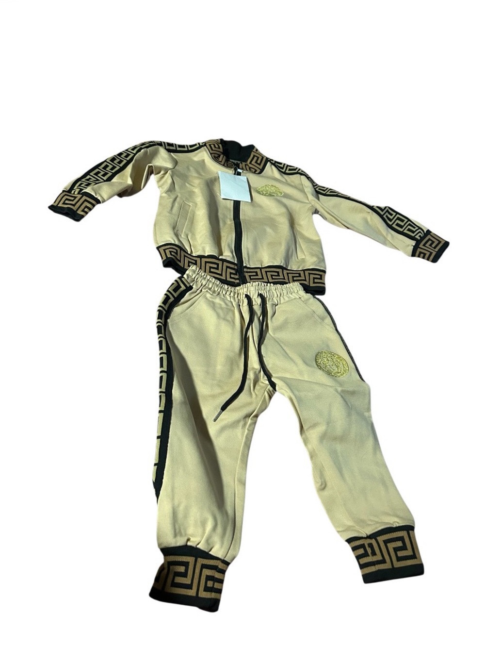 Two-Piece Classic Set in Light Beige with Brown Greek Key Trim
